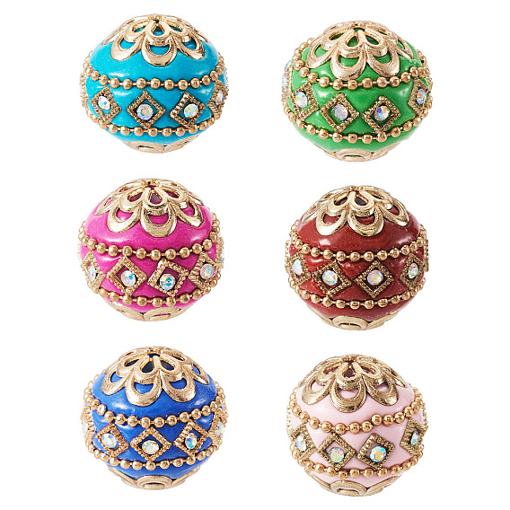 6Pcs 6 Colors Handmade Indonesia Beads, with Metal Findings, Round, Unplated