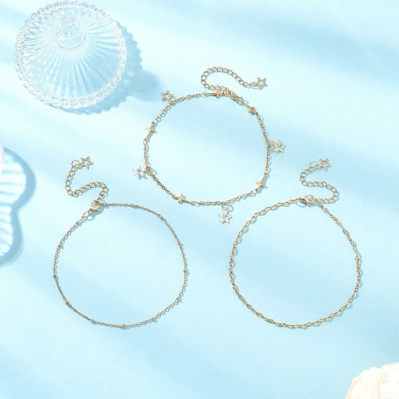 3 шт. 3 стили 304 набор браслетов на ногу из нержавеющей стали с цепочкой-сателлитом, со звездным шармом для женщин