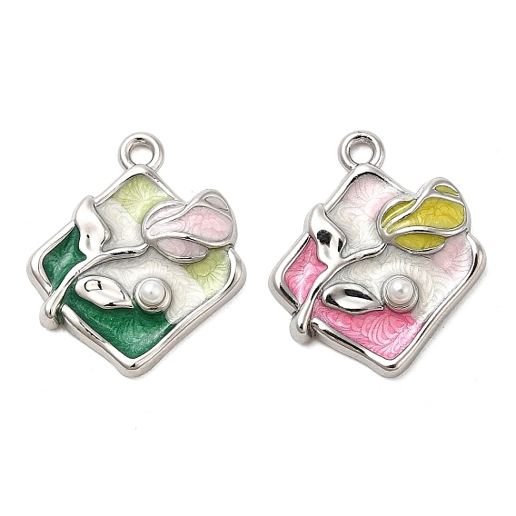 Подвески из эмали и сплава, с ABS имитации жемчуга, стойки покрытие, долговечный, без свинца, без кадмии и без никеля, ромб с цветочной подвеской, платина
