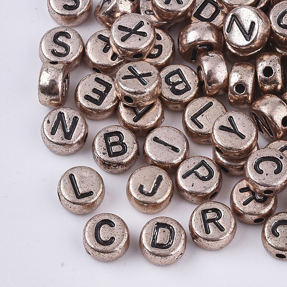 Plating Acrylic Beads, Horizontal Hole, Flat Round with Random Initial Letter