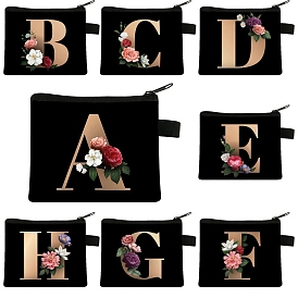 Initial Letter with Flower Cosmetic Bag, Polyester Wallets with Zipper, Black Change Purse, Clutch Bag for Women