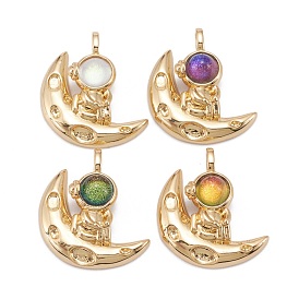 Brass Glass Pendants, Real 18K Gold Plated, Long-Lasting Plated, Lead Free & Nickel Free & Cadmium Free, Moon with Astronaut