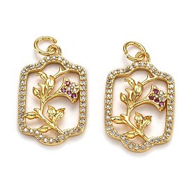Brass Micro Pave Cubic Zirconia Pendants, Long-Lasting Plated, with Jump Ring, Rectangle with Flower