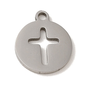 201 Stainless Steel Charms, Laser Cut, Flat Round with Cross Charm