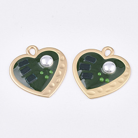 Epoxy Resin Pendants, with ABS Plastic Imitation Pearl and Glass, Alloy Findings and Enamel, Heart, Matte Gold Color