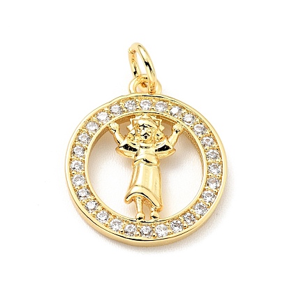 Brass Micro Pave Clear Cubic Zirconia Pendants, with Jump Ring, Cadmium Free & Lead Free, Round Ring with Saint