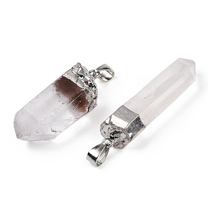 Electroplate Natural Quartz Pendants, with Brass Findings, Platinum