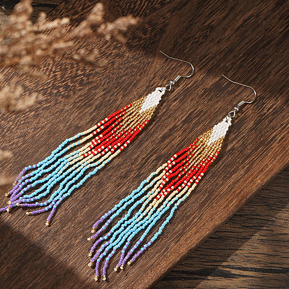 Handmade Glass Beaded Dangle Earrings, 304 Stainless Steel Dangle Earrings for Women, Tassel Earrings