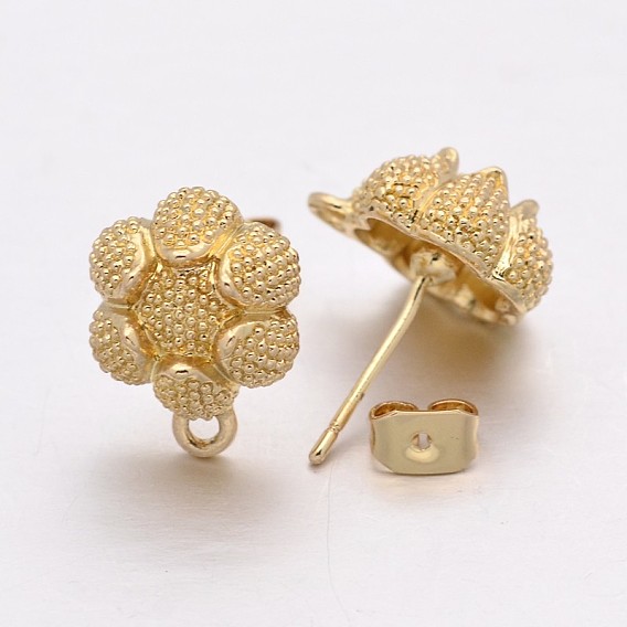 Alloy Flower Stud Earring Findings, with Loop, Long-Lasting Plated, 14x10x6mm, Hole: 1mm, Pin: 0.6mm