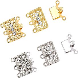 Brass Filigree Box Clasps, with Rhinestone, Rectangle