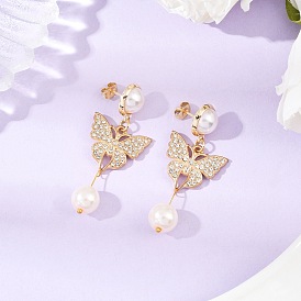 Латунные серьги-гвоздики с подвесками в форме бабочки, со стеклянным жемчугом