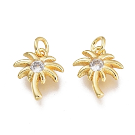 Brass Micro Pave Clear Cubic Zirconia Charms, with Jump Ring, Cadmium Free & Lead Free, Coconut Tree