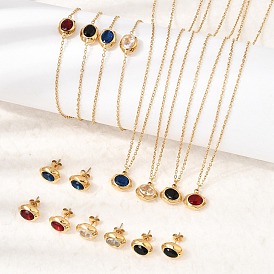 304 Stainless Steel & Cubic Zirconia Stud Earrings & Pendant Necklaces & Link Bracelets Sets, Oval, Mixed Color