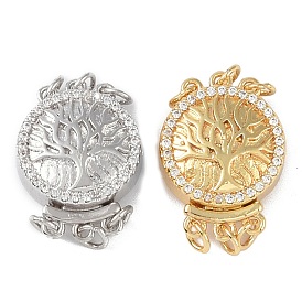 Rack Plating Brass Micro Pave Clear Cubic Zirconia Box Clasps, 3-Strand, 6-Hole, Flat Round with Tree of Life Pattern