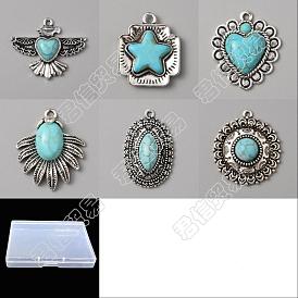 12pcs 6 Stile synthetische türkisfarbene Anhänger, mit antikem Silber Legierungszubehör, Adler & quadratisch & oval & flach rund & Herz