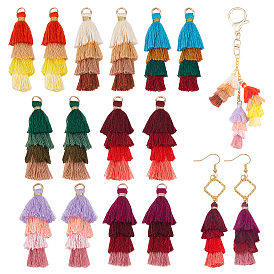 Olycraft 28Pcs 7 Colors Polycotton(Polyester Cotton) Layered Tassel Big Pendant Decorations, with Iron Findings, Golden