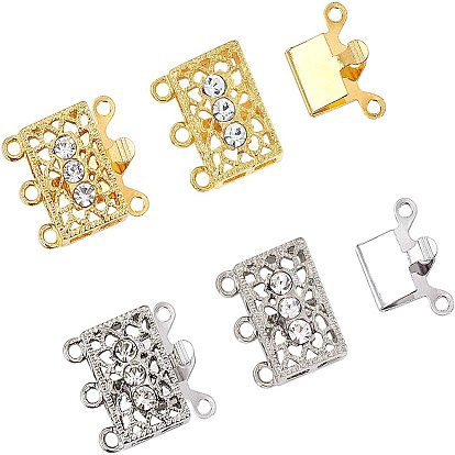Brass Filigree Box Clasps, with Rhinestone, Rectangle