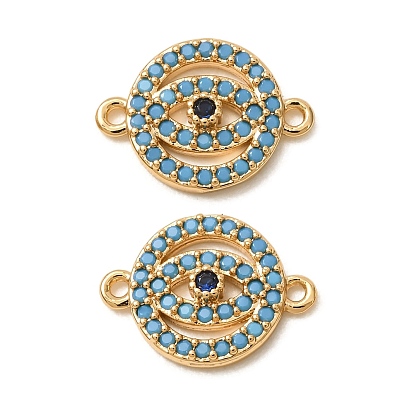Brass Micro Pave Synthetic Turquoise Connector Charms, Flat Round Evil Eye Links, with Cubic Zirconia, Cadmium Free & Lead Free & Nickel Free, Long-Lasting Plated