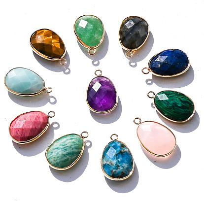 Natural Gemstone Pendants, Faceted Teardrop Charms, Golden