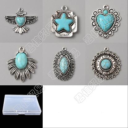 12pcs 6 Stile synthetische türkisfarbene Anhänger, mit antikem Silber Legierungszubehör, Adler & quadratisch & oval & flach rund & Herz