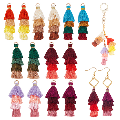 28Pcs 7 Colors Polycotton(Polyester Cotton) Layered Tassel Big Pendant Decorations, with Iron Findings, Golden