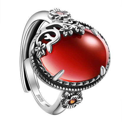 925 Sterling Silver Adjustable Rings, with Natural Garnet, Oval with Flower, Antique Silver