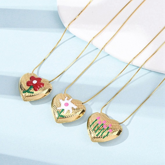 304 Женское ожерелье с подвеской в виде сердца из нержавеющей стали с эмалью и цветком, золотые