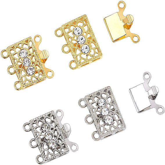 Brass Filigree Box Clasps, with Rhinestone, Rectangle