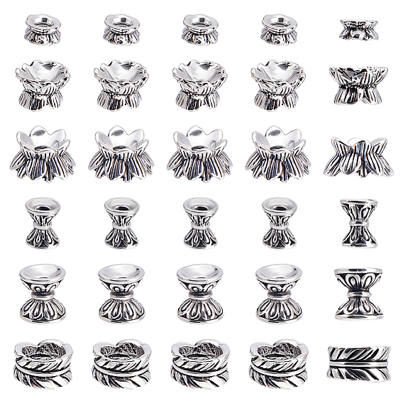100Pcs 6 Styles Tibetan Style Alloy Lotus Double Sided Bead Caps, Multi-Petal
