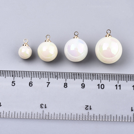 Acrylic Imitation Pearl Pendants, with Light Gold Tone Brass Loop, AB Color Plated, Round