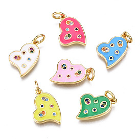 Brass Micro Pave Cubic Zirconia Enamel Charms, with Jump Rings, Nickel Free, Heart, Real 16K Gold Plated