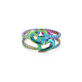 304 Stainless Steel Interlocking Heart Cuff Ring, Hollow Open Ring for Women