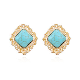 Retro Square Alloy Turquoise Stud Earrings with French Geometric Design