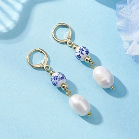 Латунные овальные серьги с застежкой-русалкой, с фарфоровыми бусинами и бусинами из культивированного пресноводного жемчуга