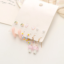 Pink Mushroom Shell Peach Heart C-shaped Alloy Simple 6-piece Set - European and American Ear Jewelry