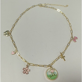 Alloy Enamel Pendant Necklaces, Brass Paperclip Chain Necklaces, Mixed Shapes