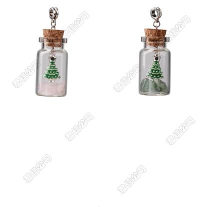 20 piezas 2 estilos colgantes de botella de los deseos con cuentas de aventurina verde natural y cuarzo rosa con agujero grande estilo europeo, Colgantes de esmalte de diamantes de imitación de aleación de árbol de Navidad