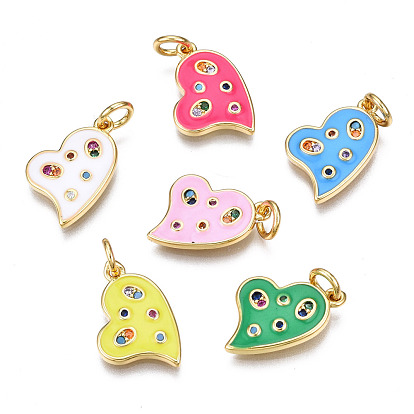 Brass Micro Pave Cubic Zirconia Enamel Charms, with Jump Rings, Nickel Free, Heart, Real 16K Gold Plated
