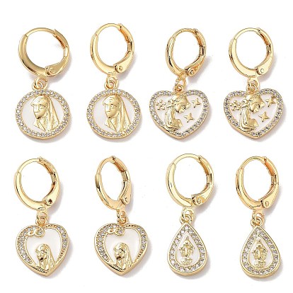Real 18K Gold Plated Brass Dangle Leverback Earrings, with Enamel and Cubic Zirconia