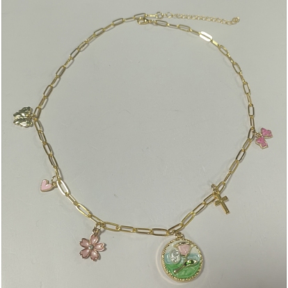 Alloy Enamel Pendant Necklaces, Brass Paperclip Chain Necklaces, Mixed Shapes
