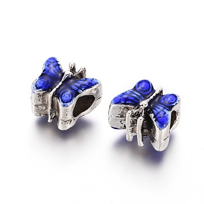 Tibetan Style Alloy European Beads, Large Hole Beads, with Enamel, Butterfly, Antique Silver