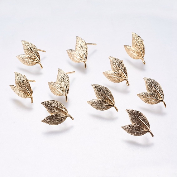 Brass Stud Earring Findings, with Loop, Leaf, Real 18K Gold Plated