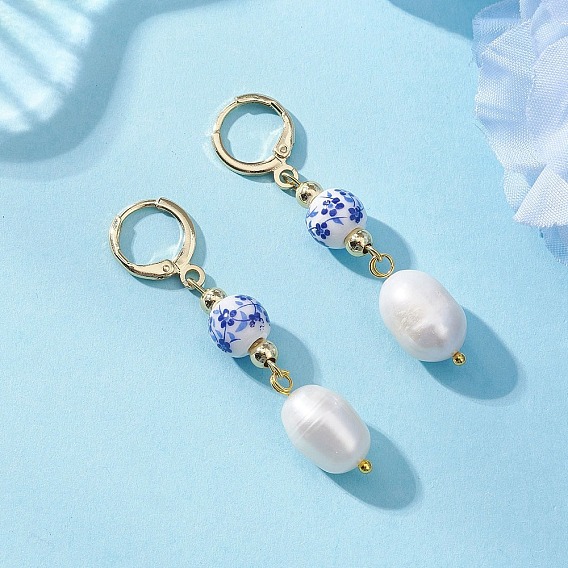 Латунные овальные серьги с застежкой-русалкой, с фарфоровыми бусинами и бусинами из культивированного пресноводного жемчуга