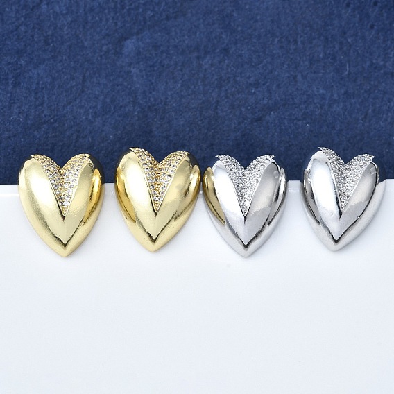 Женские серьги-гвоздики из латуни с микропаве и прозрачным кубическим цирконием, сердце