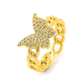 Butterfly Brass Micro Pave Clear Cubic Zirconia Open Cuff Rings, Curb Chain Ring for Women