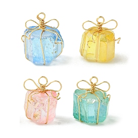 4Pcs 4 Colors Copper Wire Wrapped Electroplated Natural Quartz Cube Pendants, Gift Charms, Light Gold