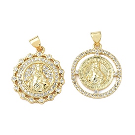 Латунные микро проложить кубического циркония подвески, без кадмия и без свинца, плоские круглые с Девой Марией