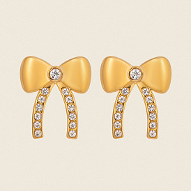 304 серьги-гвоздики из нержавеющей стали с бантом, со стразами