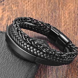 Imitation Leather Double Layer Multi-strand Bracelets, Stainless Steel Magnetic Clasp for Men Women