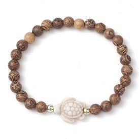 Summer Beach Turtle Dyed Synthetic Turquoise & 6.5mm Round Wenge Wood Beaded Stretch Bracelets for Women